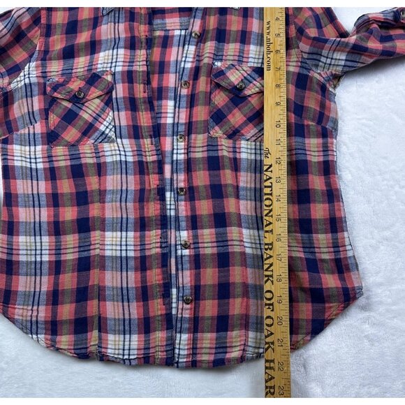 Forever 21 Womens Plaid Button-Up Shirt Sz M Coral & Navy Casual Western Top - Picture 5 of 9
